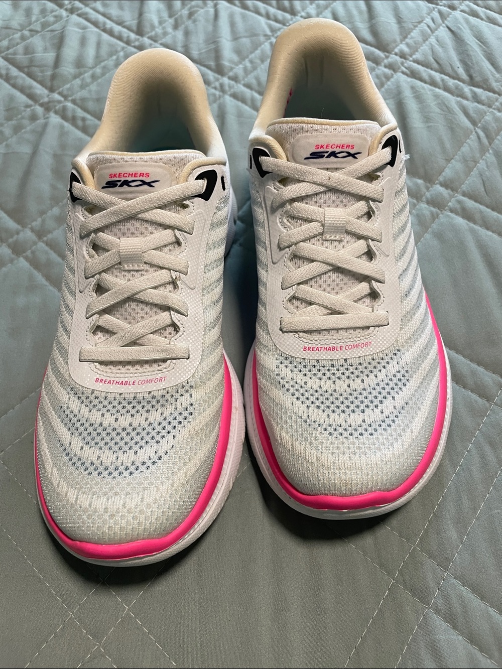 Skechers White Athletic Shoes with Pink Trim and Blue Accent - Picture 2 of 5